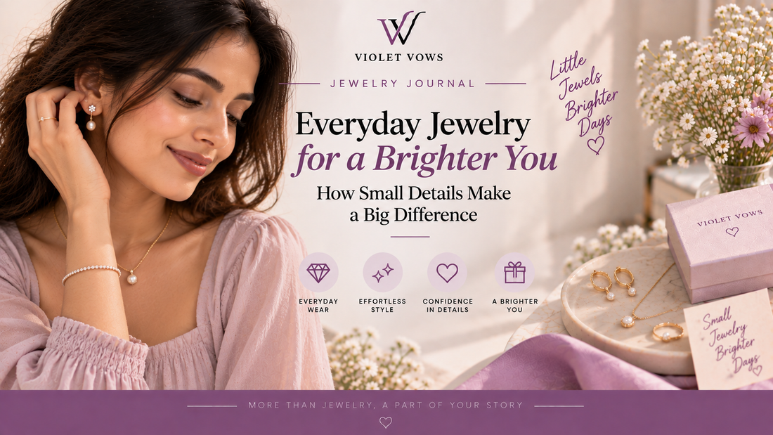 Violet Vows Jewelry Journal banner showing a woman wearing delicate everyday jewelry in a soft lilac editorial setting