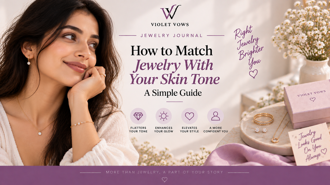 Violet Vows Jewelry Journal banner showing a woman wearing elegant jewelry for a guide to matching jewelry with skin tone