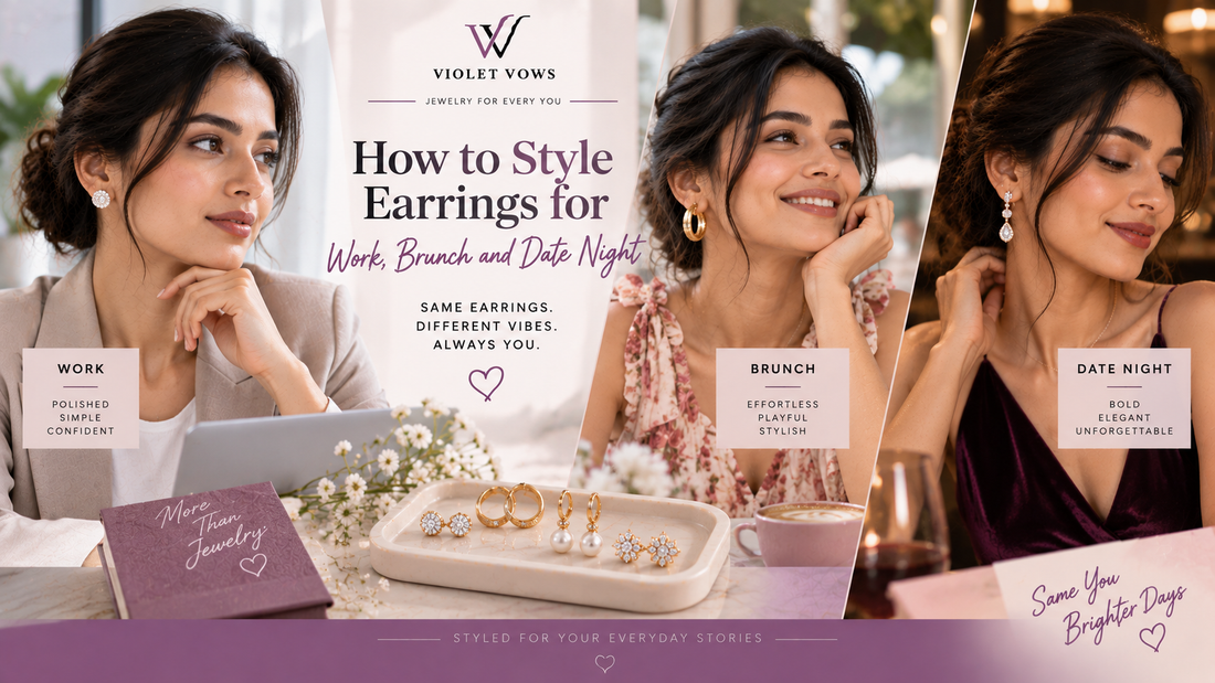 Violet Vows Jewelry Journal banner showing a woman styling earrings for work, brunch, and date night