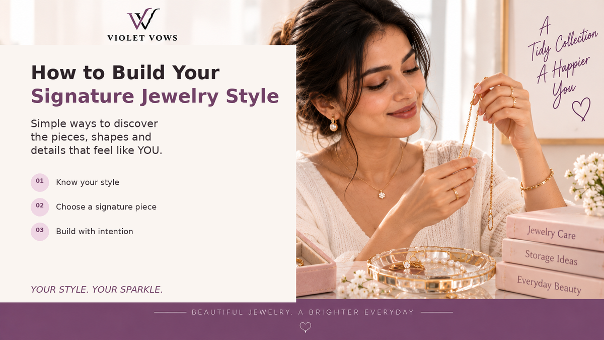 Violet Vows Jewelry Journal banner showing a woman wearing elegant jewelry while discovering her signature jewelry style