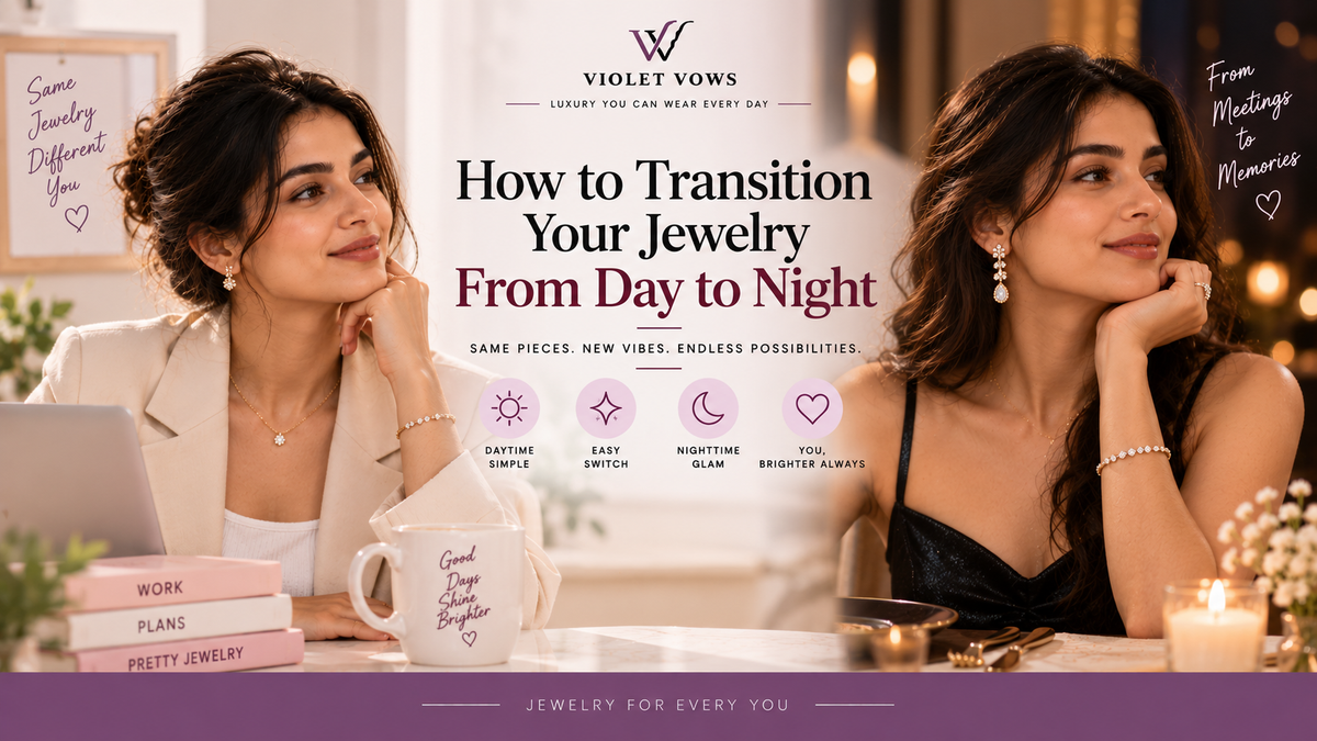 Violet Vows Jewelry Journal banner showing day-to-night jewelry styling with an elegant woman transitioning from daytime to evening
