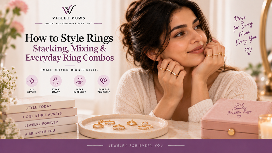 Violet Vows Jewelry Journal banner showing a woman wearing stacked rings with ring styling, mixing, and everyday ring combinations
