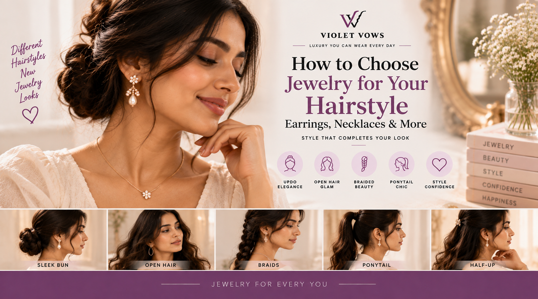 Violet Vows Jewelry Journal banner showing a woman styling earrings and necklaces with different hairstyles
