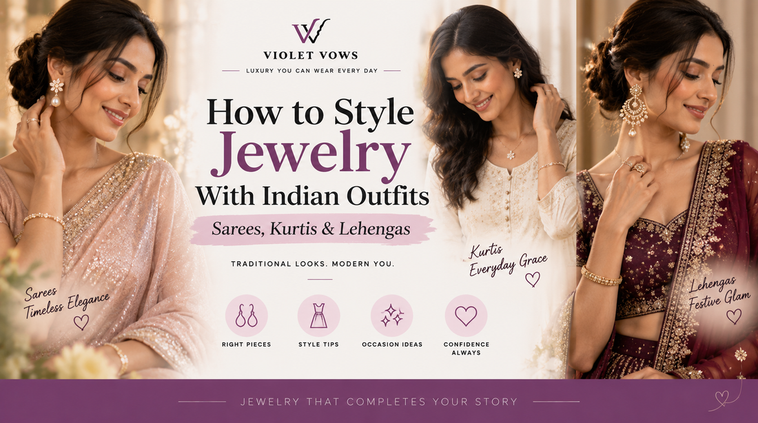 Violet Vows Jewelry Journal banner showing women styling jewelry with sarees, kurtis, and lehengas