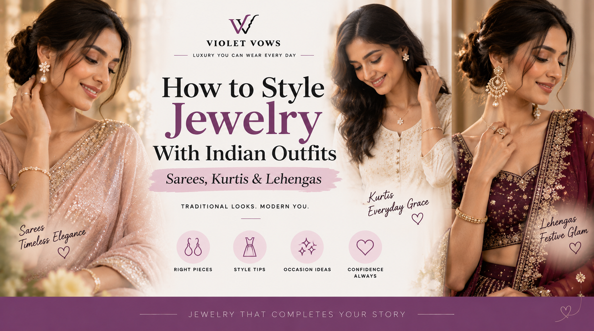 Violet Vows Jewelry Journal banner showing women styling jewelry with sarees, kurtis, and lehengas