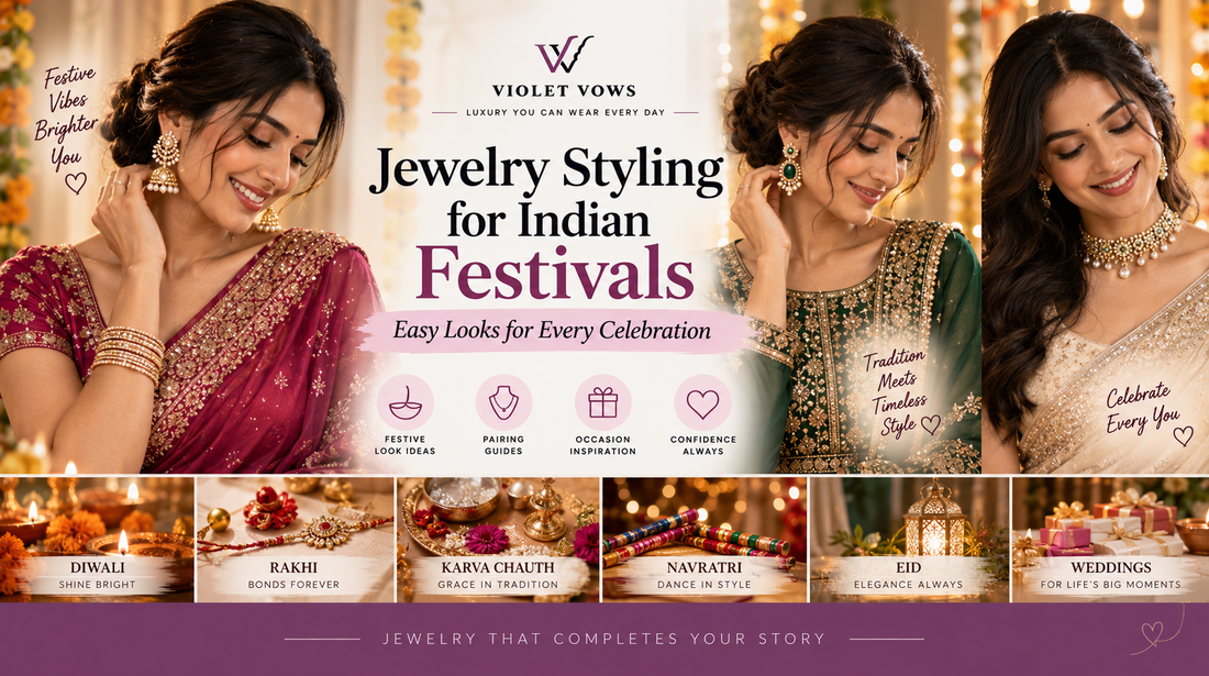 Violet Vows Jewelry Journal banner showing women styling jewelry for Indian festivals and celebrations