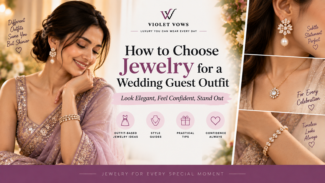 Violet Vows Jewelry Journal banner showing a wedding guest in an elegant saree with coordinated earrings, necklace, and bracelet