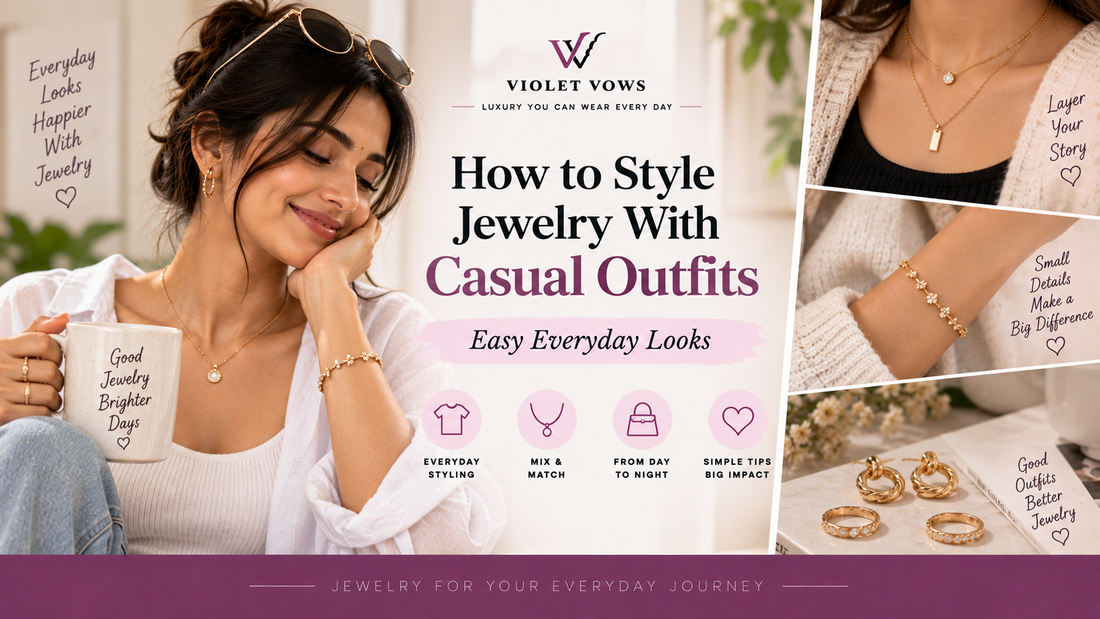 Violet Vows Jewelry Journal banner showing a woman styling jewelry with casual everyday outfits