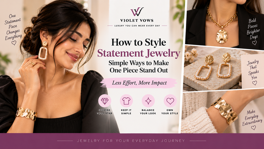 Violet Vows Jewelry Journal banner showing a woman styling bold statement jewelry with one standout piece
