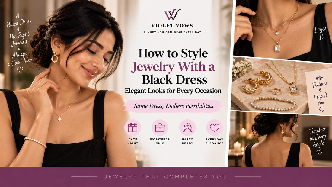 Violet Vows Jewelry Journal banner showing a woman styling elegant jewelry with a black dress