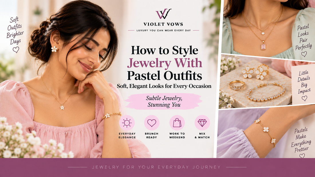 Violet Vows Jewelry Journal banner showing a woman styling elegant jewelry with pastel outfits