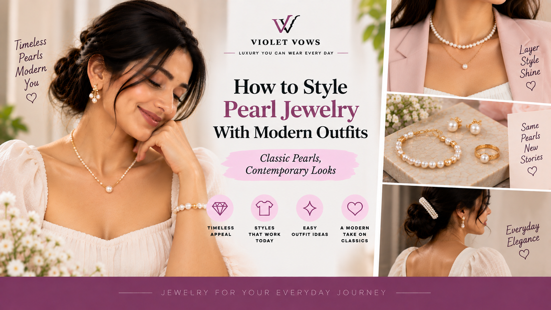 Violet Vows Jewelry Journal banner showing a woman styling pearl jewelry with modern outfits