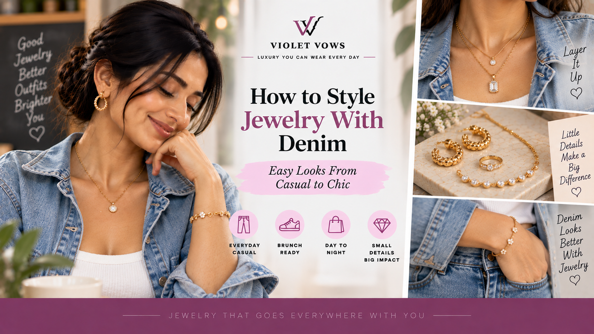 Violet Vows Jewelry Journal banner showing a woman styling jewelry with denim outfits