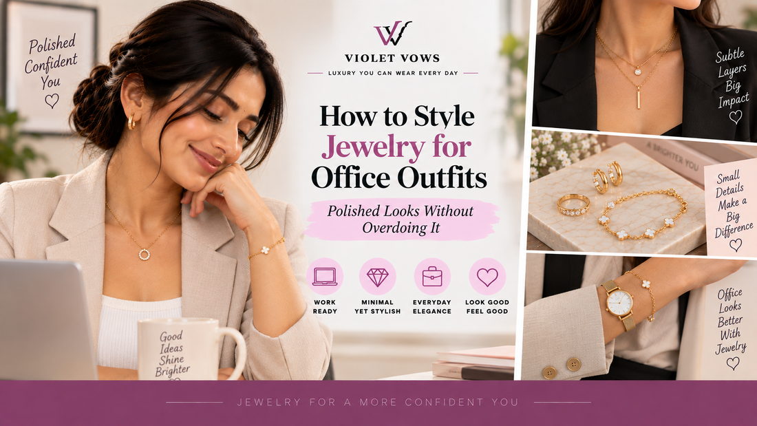 Violet Vows Jewelry Journal banner showing a woman styling jewelry for polished office outfits