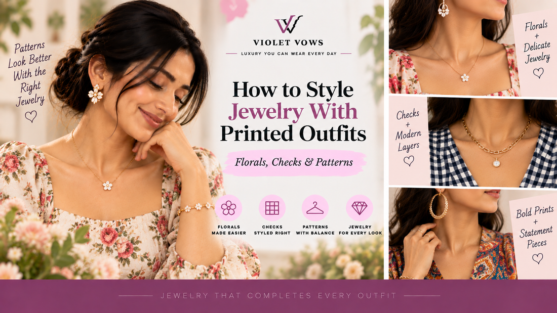 Violet Vows Jewelry Journal banner showing jewelry styled with floral, checked, and printed outfits