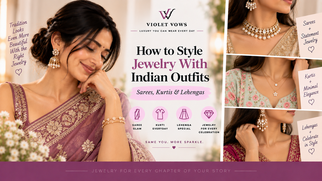 Violet Vows Jewelry Journal banner showing jewelry styled with sarees, kurtis, and lehengas