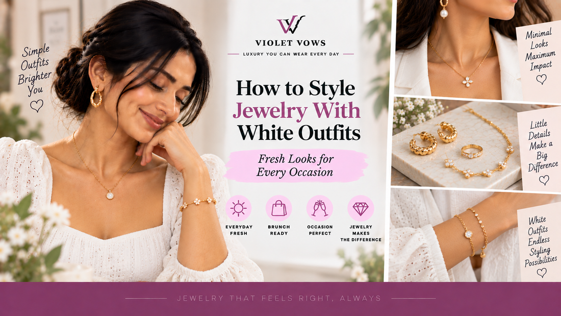 Violet Vows Jewelry Journal banner showing elegant jewelry styled with white outfits