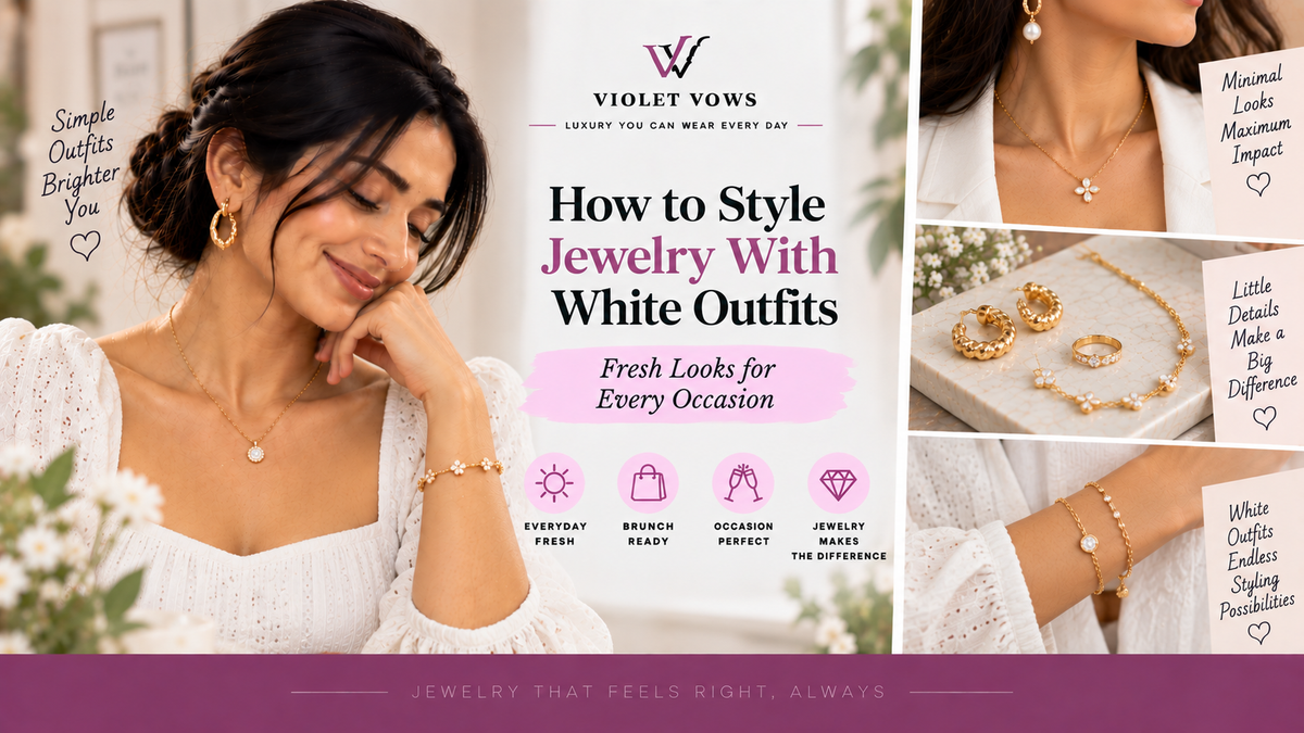 Violet Vows Jewelry Journal banner showing elegant jewelry styled with white outfits