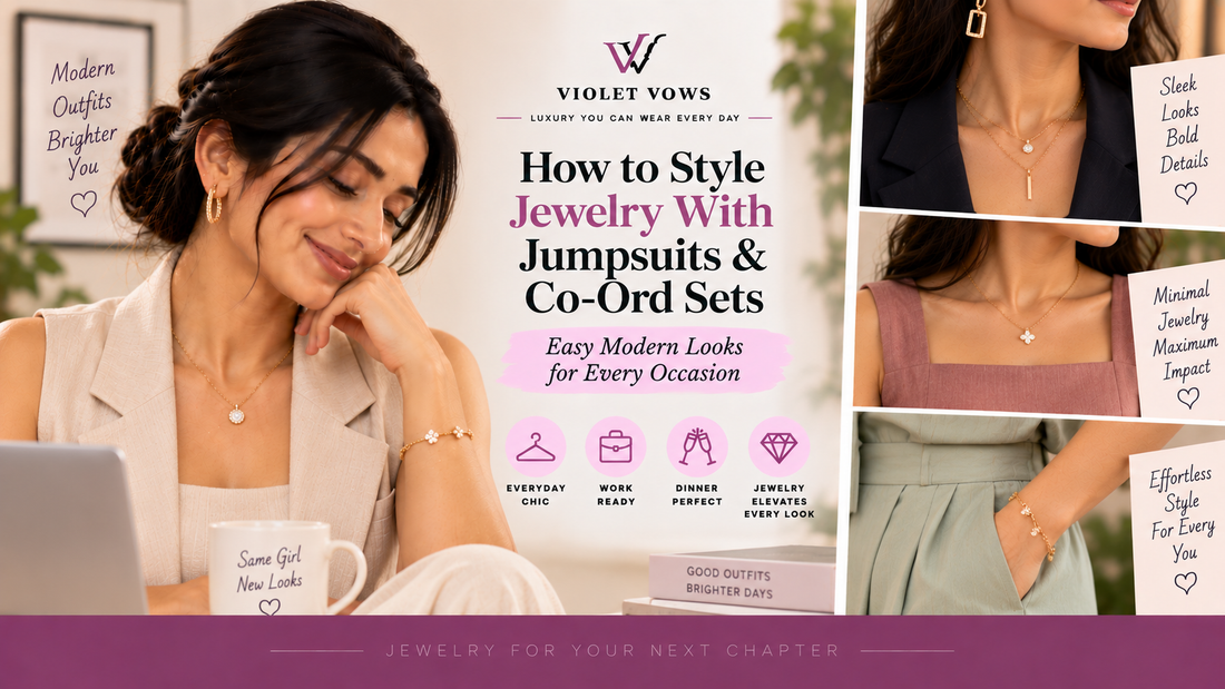Violet Vows Jewelry Journal banner showing jewelry styled with jumpsuits and co-ord sets