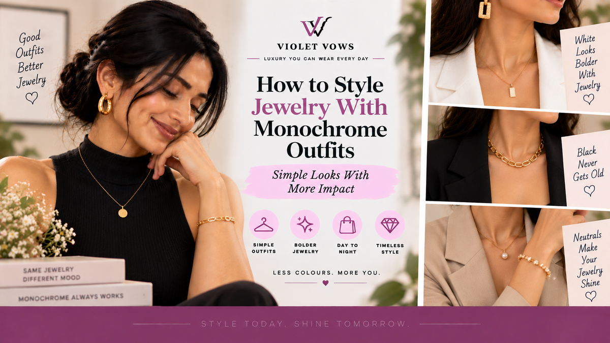 Violet Vows Jewelry Journal banner showing gold jewelry styled with monochrome outfits