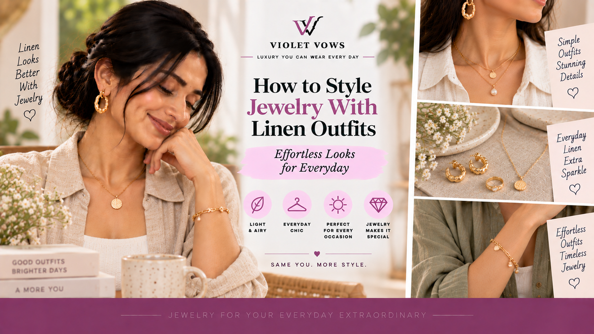 Violet Vows Jewelry Journal banner showing elegant jewelry styled with linen outfits