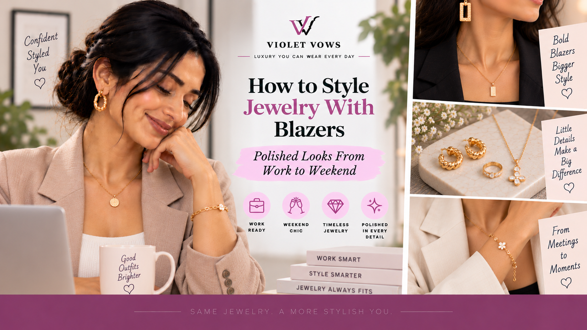 Violet Vows Jewelry Journal banner showing elegant jewelry styled with blazers for work and weekend outfits