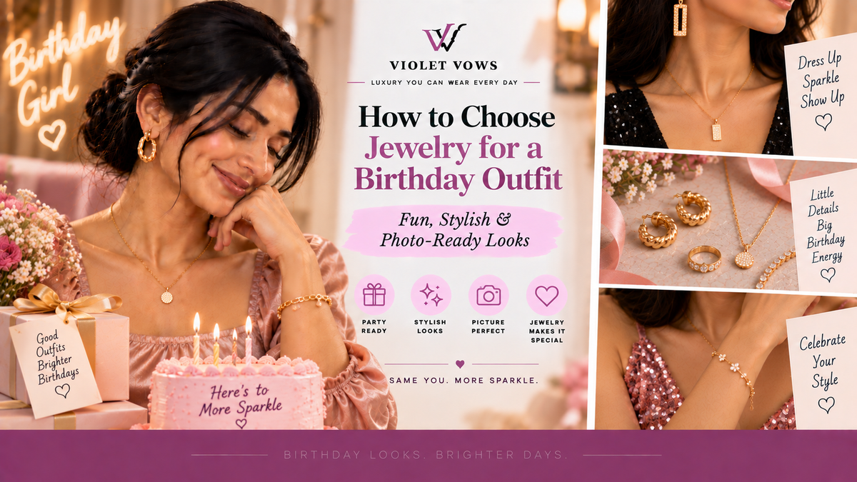 Violet Vows Jewelry Journal banner showing jewelry styled for a birthday outfit and celebration