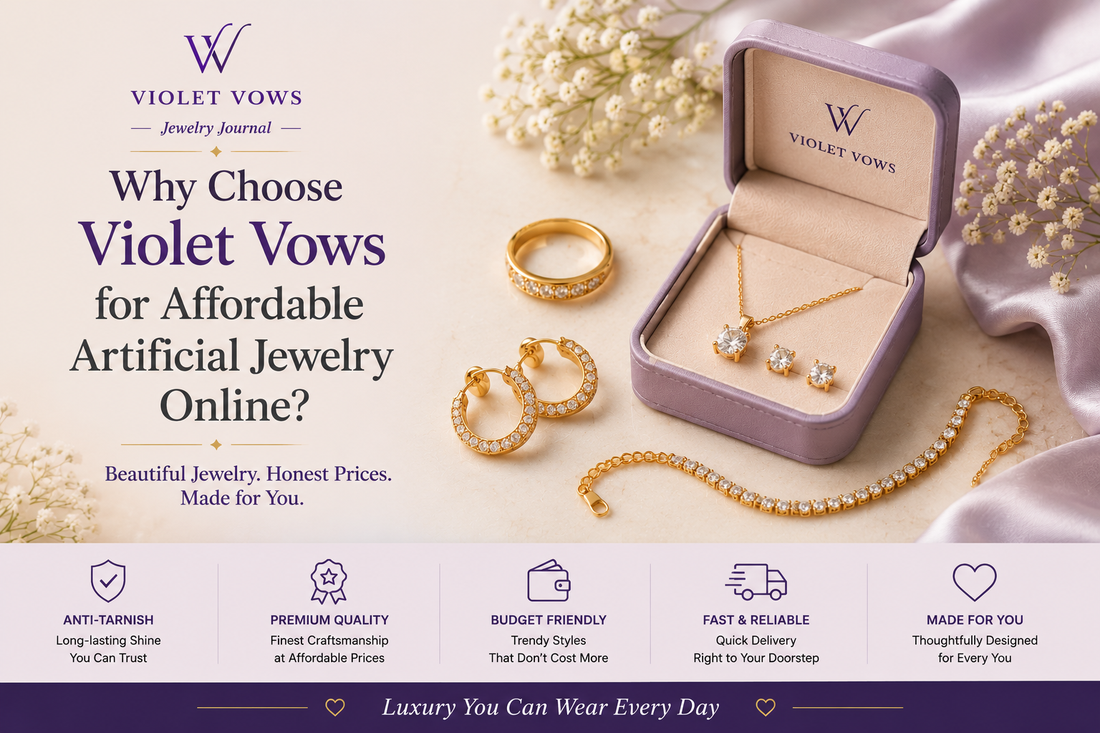 Violet Vows affordable artificial jewelry collection with gold earrings and necklaces