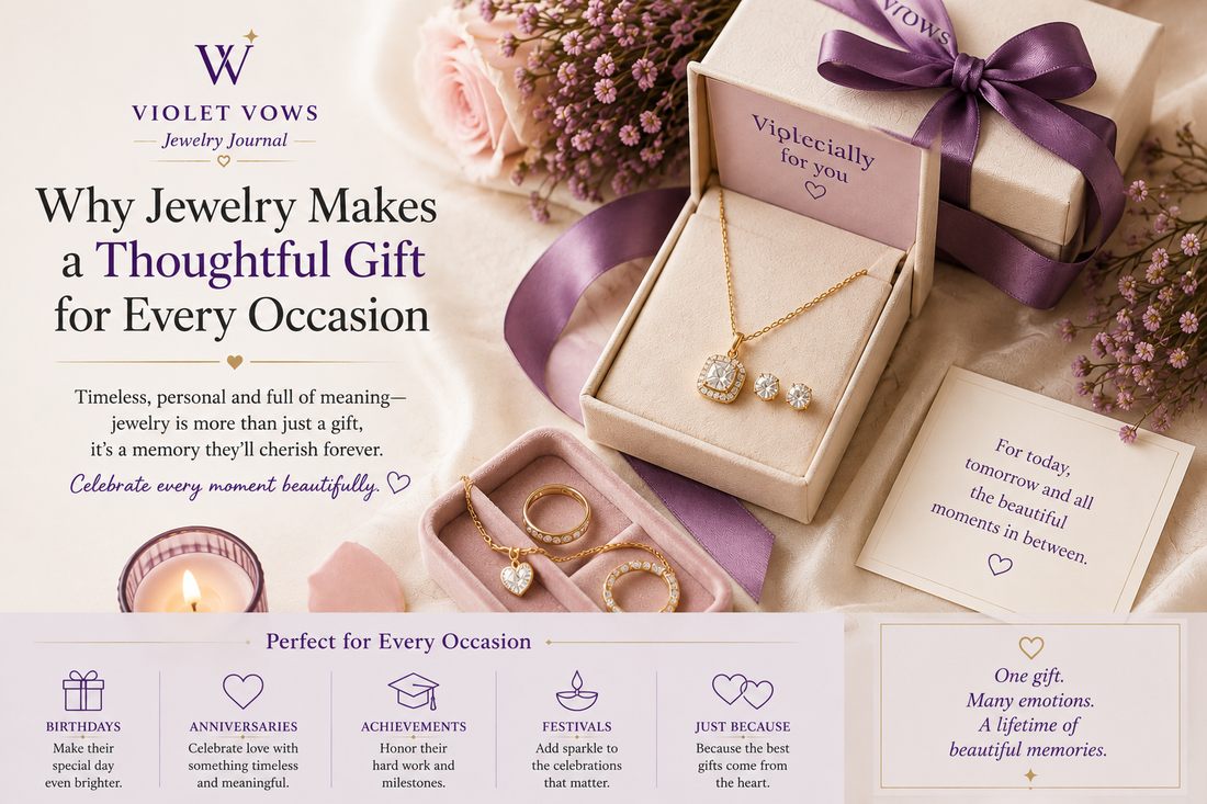Violet Vows jewelry gift box with necklace earrings and ribbon for special occasions