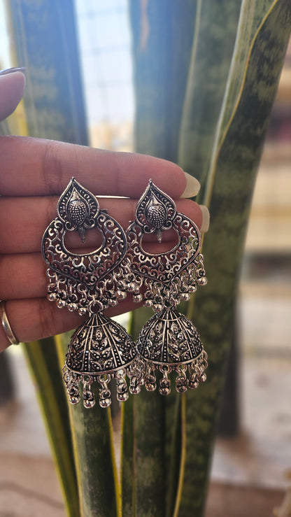 Oxidized Silver Peacock Jhumka Earrings