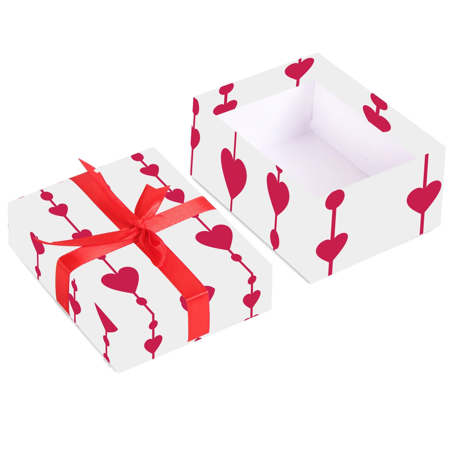 Two gift boxes with red hearts and ribbons on a white background