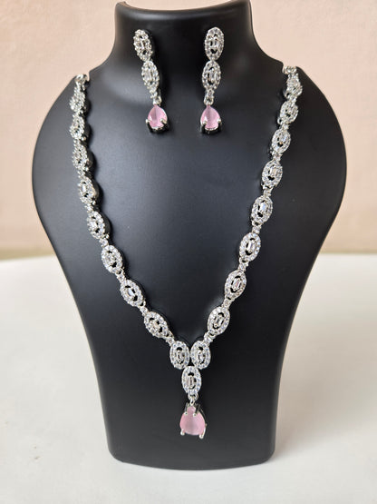Deepika Inspired Necklace - Silver-Toned CZ Necklace Set - Pink