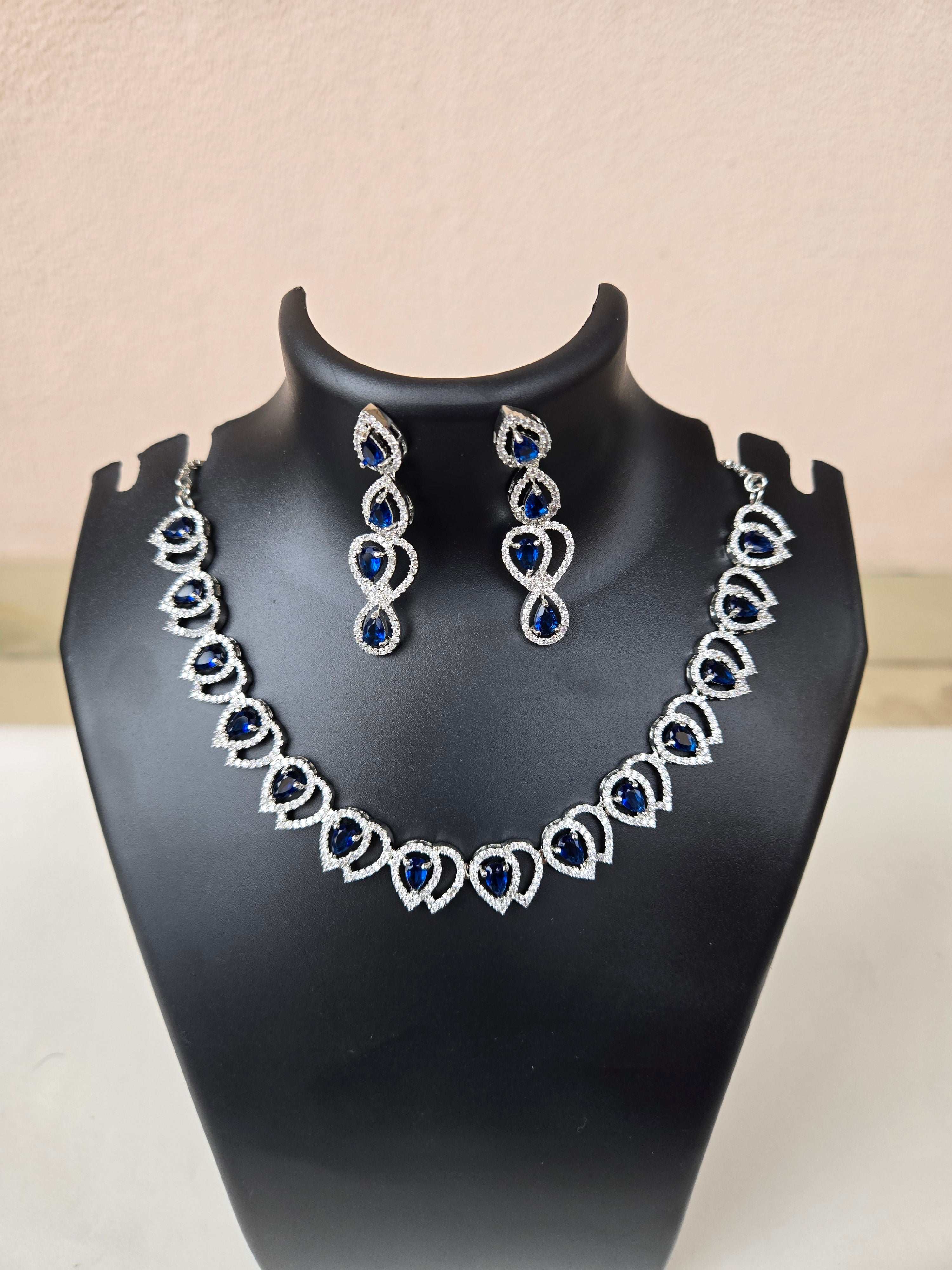 American Diamond Studded Necklace Jewellery Set with Earrings - Blue
