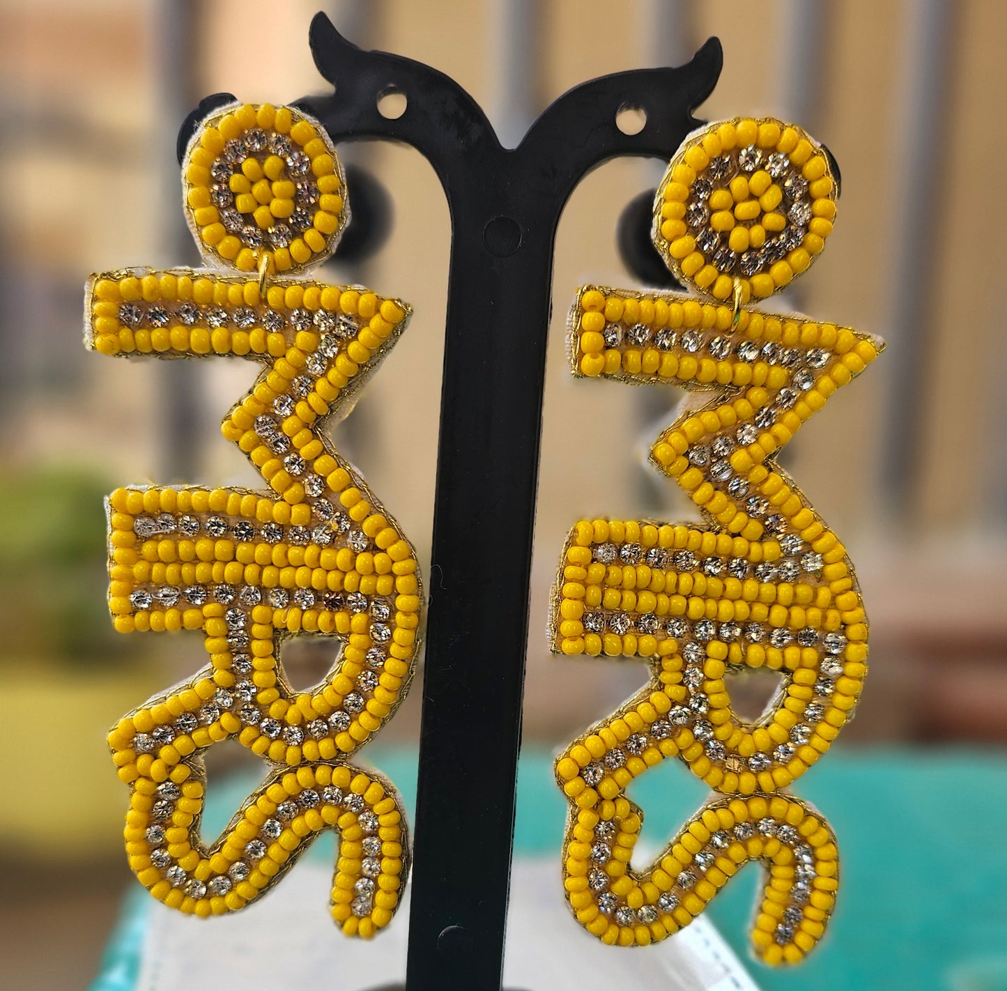 Handcrafted "MRS" Beaded Statement Earrings - Yellow