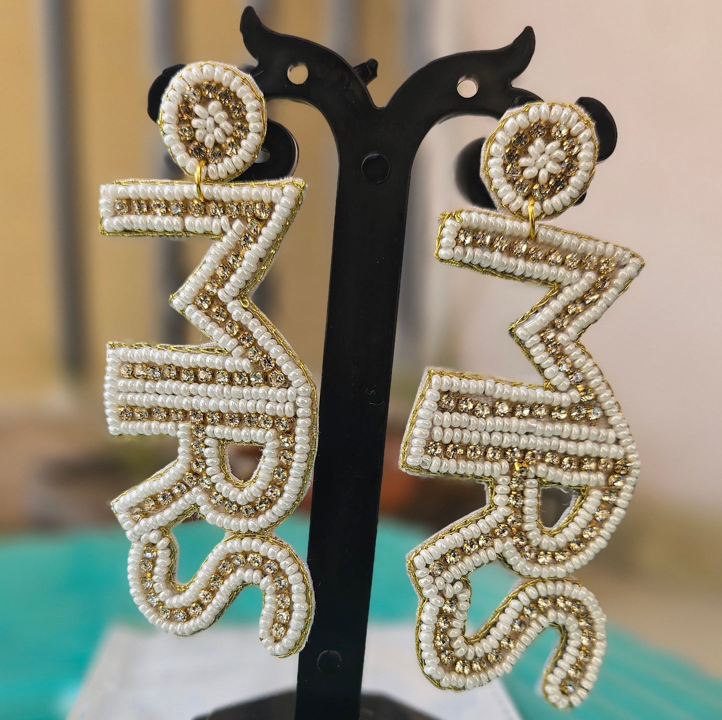 Handcrafted "MRS" Beaded Statement Earrings - White