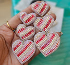 Handcrafted Red & Pink Striped Beaded Heart Earrings