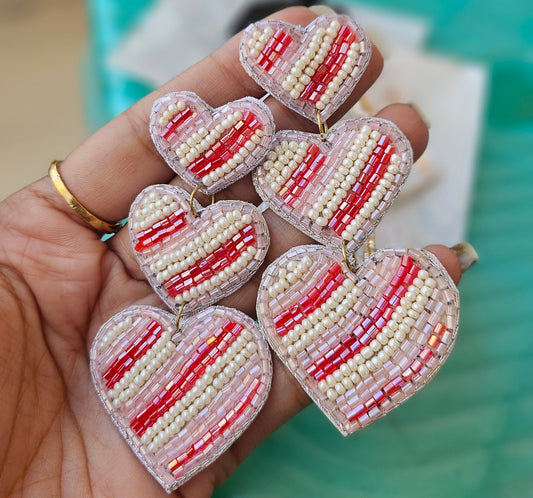 Handcrafted Red & Pink Striped Beaded Heart Earrings