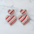 Handcrafted Red & Pink Striped Beaded Heart Earrings