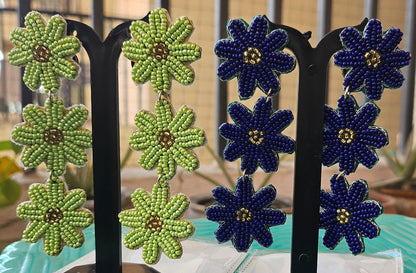 Handcrafted Beaded Flower Earrings - Royal Blue