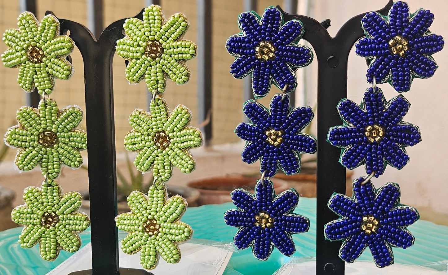 Handcrafted Beaded Flower Earrings - Royal Blue