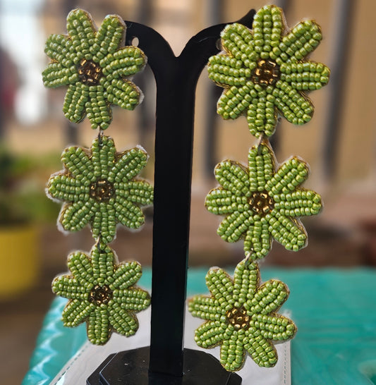 Handcrafted Beaded Flower Earrings - Vibrant Green