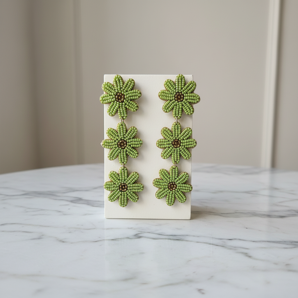 Handcrafted Beaded Flower Earrings - Vibrant Green