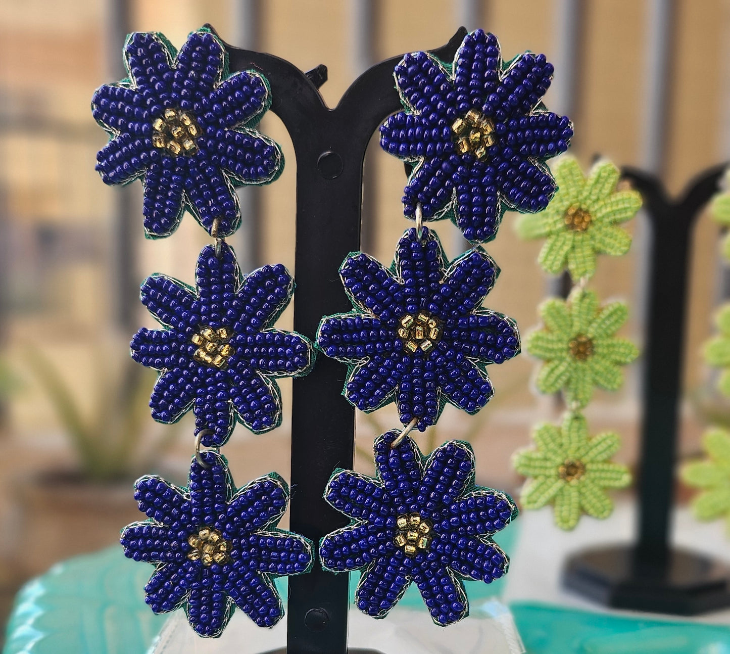 Handcrafted Beaded Flower Earrings - Royal Blue