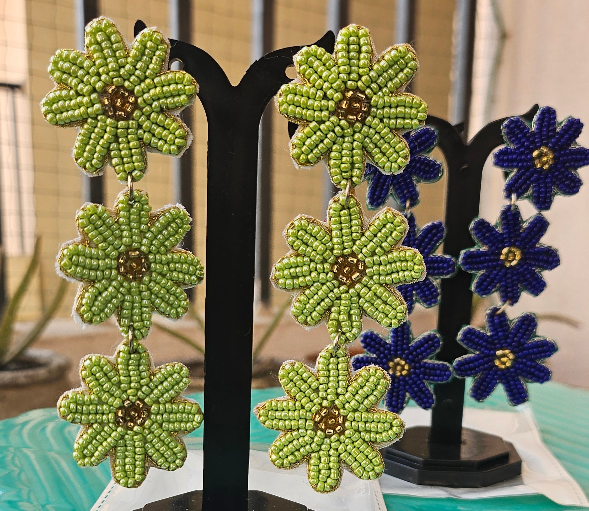 Handcrafted Beaded Flower Earrings - Vibrant Green