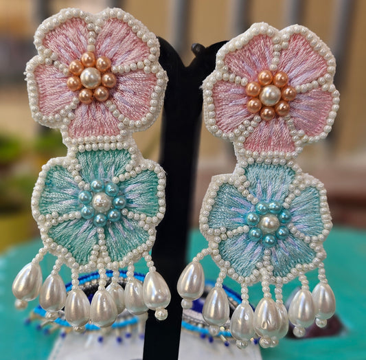 Hand-Embroidered Floral Elegance Earrings - Pastel Pink & Aqua