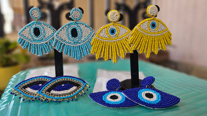 Sunny Yellow Beaded "Evil Eye" Statement Earrings - Handcrafted Protection