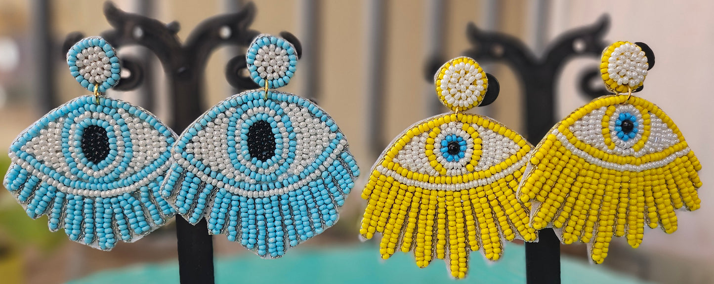 Sunny Yellow Beaded "Evil Eye" Statement Earrings - Handcrafted Protection