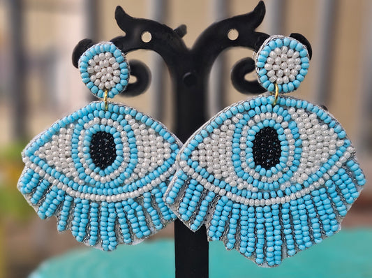 Turquoise Blue Beaded "Evil Eye" Statement Earrings - Handcrafted Protection