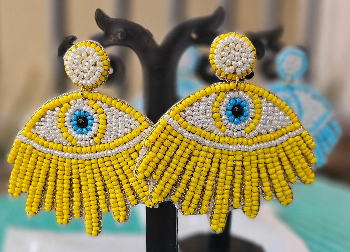 Sunny Yellow Beaded "Evil Eye" Statement Earrings - Handcrafted Protection