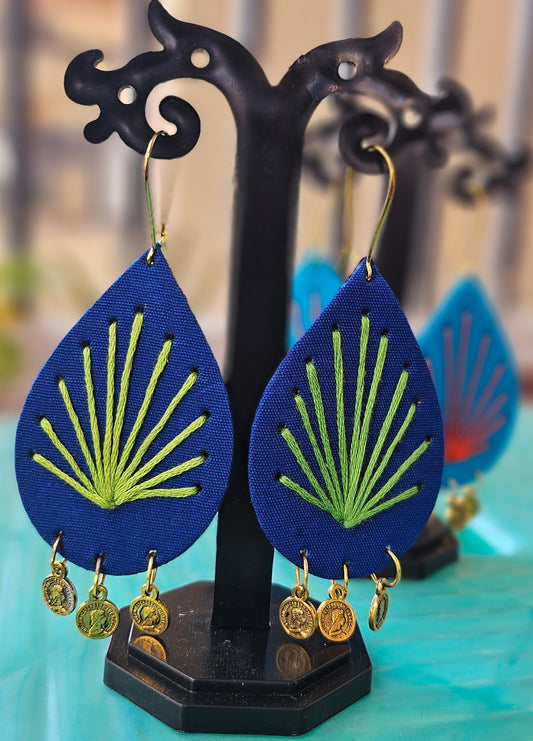 Hand-Embroidered Teardrop Earrings with Coin Accents - Navy & Lime